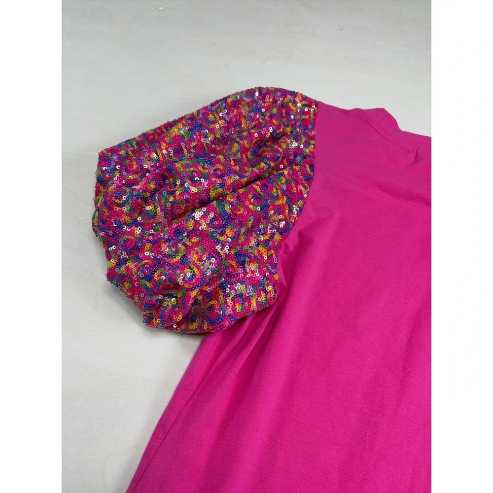 Queen of Sparkles Pink Sequin Puff Sleeve Mini T-Shirt Dress Girls Medium